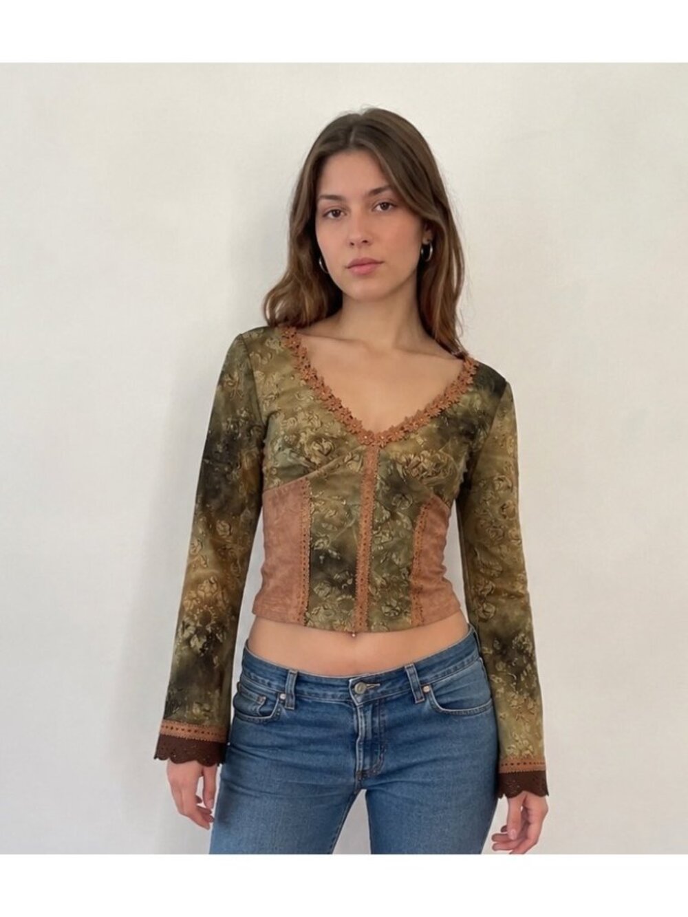 Vintage Y2K Casadei Rare Floral brown  tan Embossed Top With Suede Trim  medium
